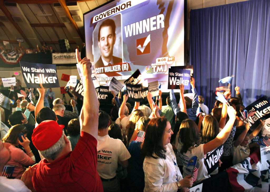 Walker supporters cheer his recall election victory 2012